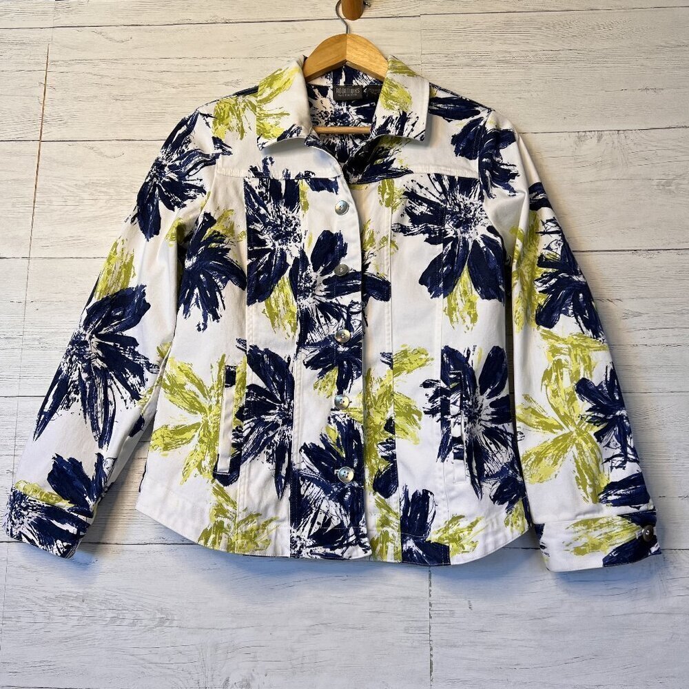 Addition by Chicos Jacket Womens Size 1 Blue and Green Floral White Denim